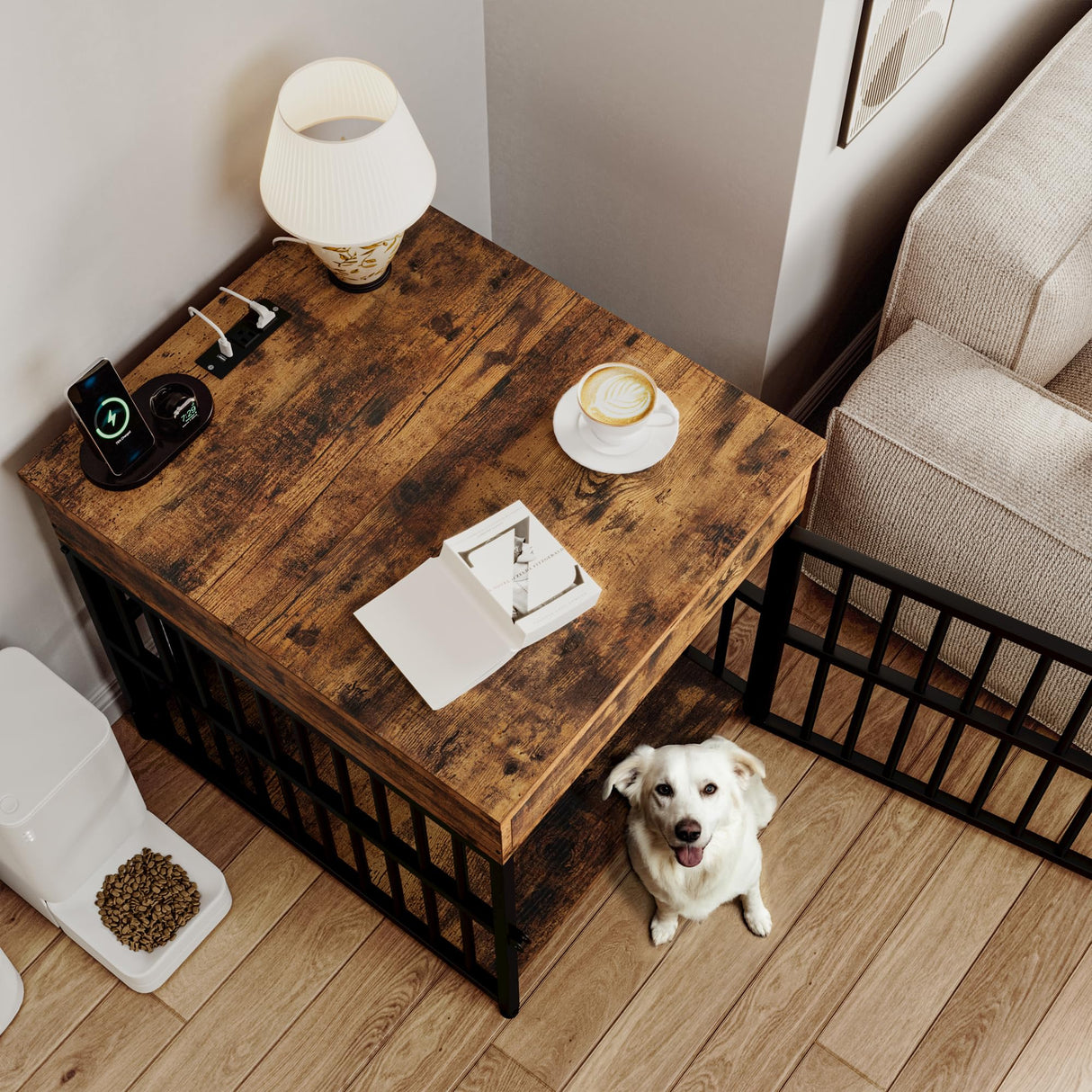 Dog Crate Furniture for Small Dogs with Charging Station