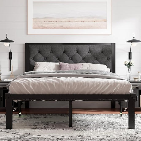 Queen Size Metal Bed Frame, Heavy-Duty Platform Bed Frame with Linen Upholstered