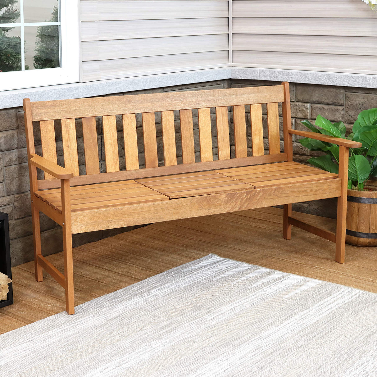 Meranti Wood Outdoor Patio Bench with Built-In Pop-Up Table - Teak Oil Finish - 60-Inch
