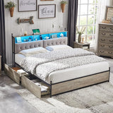 King Bed Frame with Storage Upholstered Headboard and 4 Drawers, Farmhouse Metal