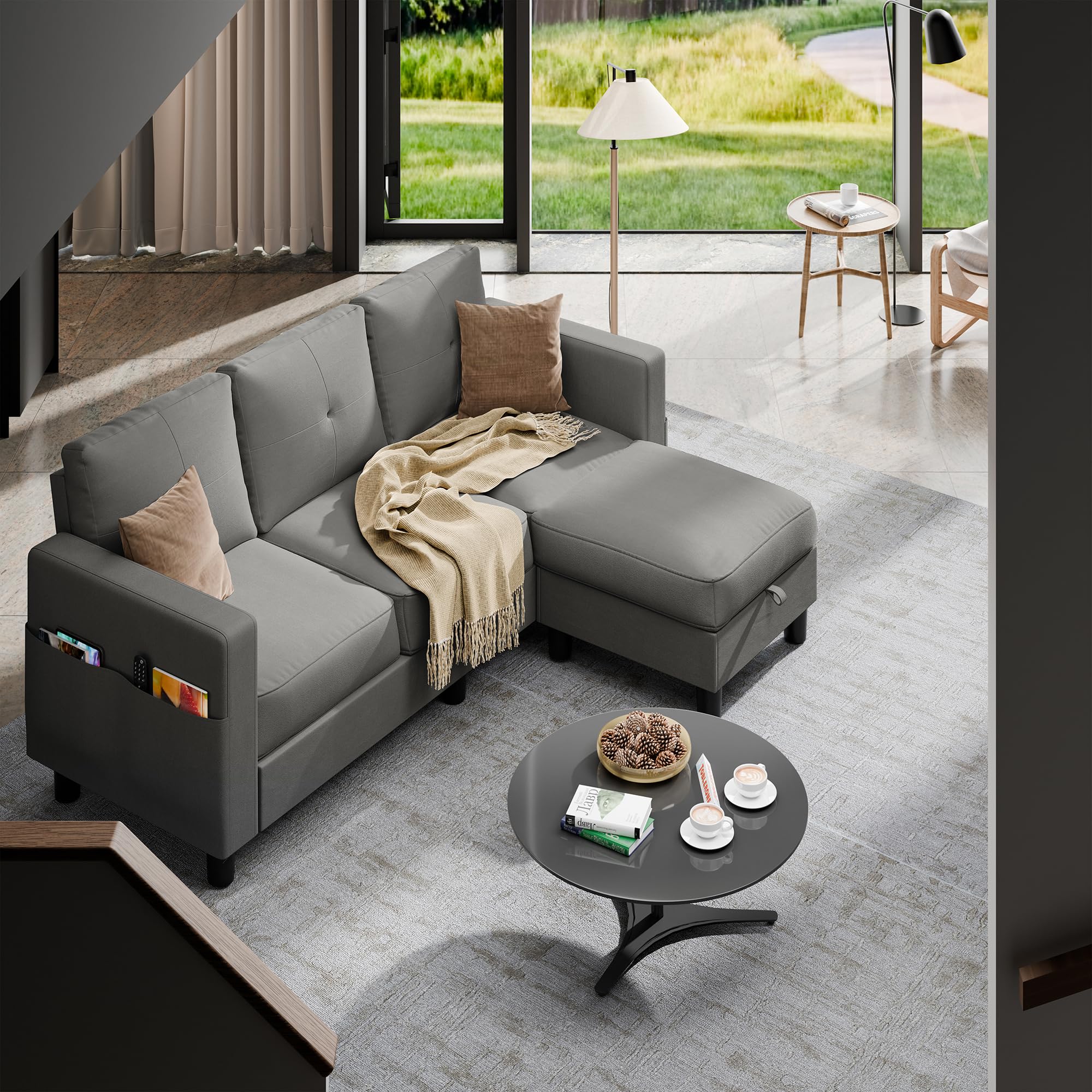 Convertible Sectional Sofa Couch, Modern Linen Fabric L-Shaped, 3-Seat Sofa