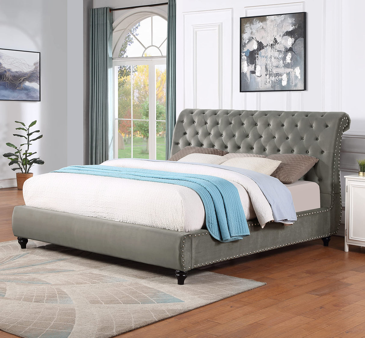 Cerderia Velvet Upholstered Button Tufted Nailhead Trim Sleigh Bed, King, Gray