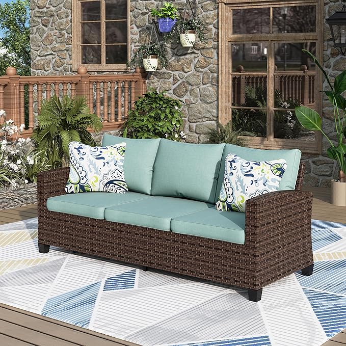 Patio Couch Wicker 3-Seat Outdoor Brown Rattan Sofa