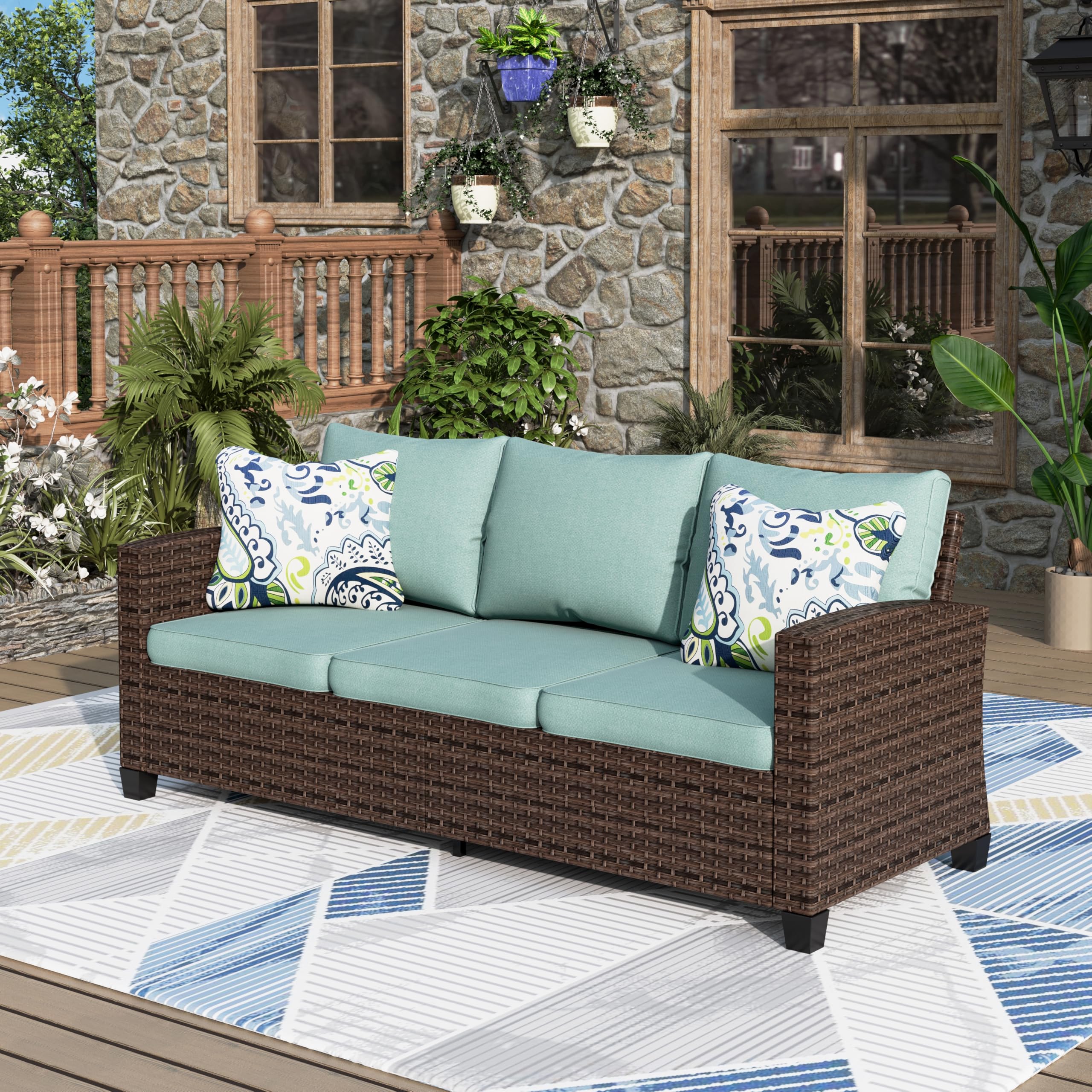 Patio Couch Wicker 3-Seat Outdoor Brown Rattan Sofa