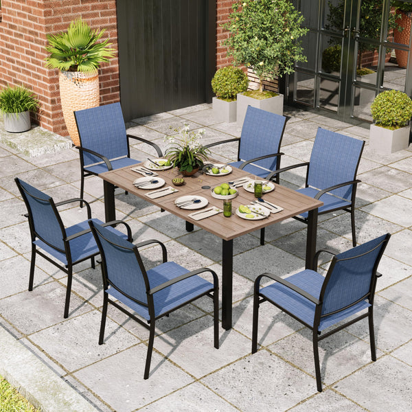 7-Piece Outdoor Dining Set 6 Blue Textilene Chairs and Teak Color Tabletop Outdoor Dining