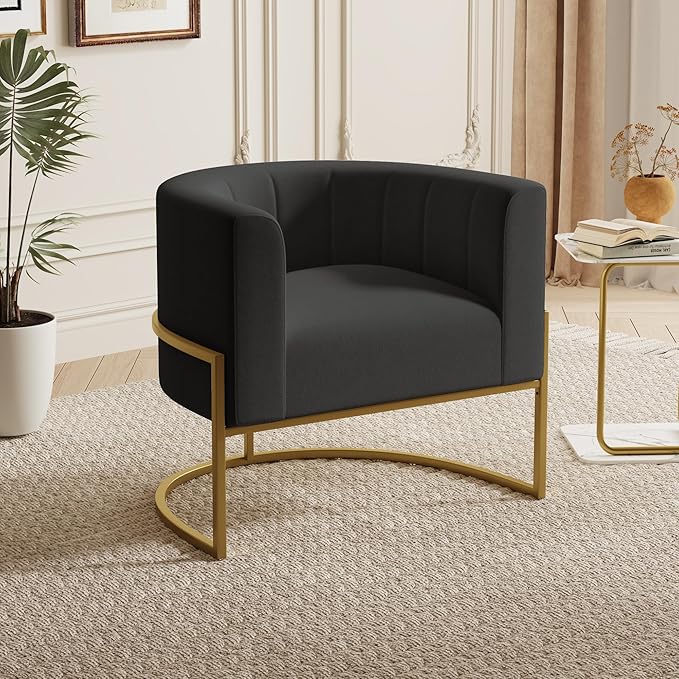 Velvet Accent Chair Invory Modern Comfy Upholstered Barrel Chair Padded Seat, Wide Arm Chairs for Reading Living Room Bedroom Club Side Chairs with Gold Metal Stand