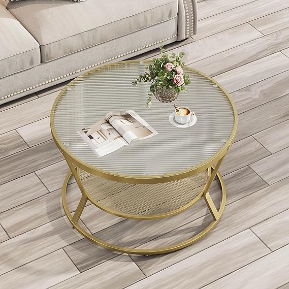 Gold Coffee Table, Modern Round Glass Coffee Table for Living Room