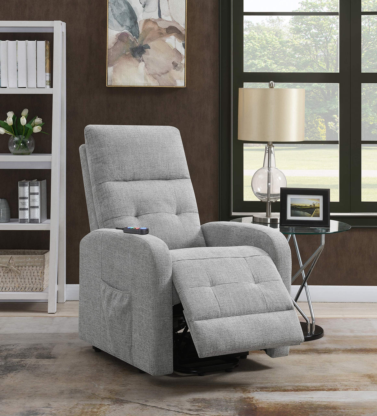 Tufted Upholstered Grey Power Lift Recliner 609402P