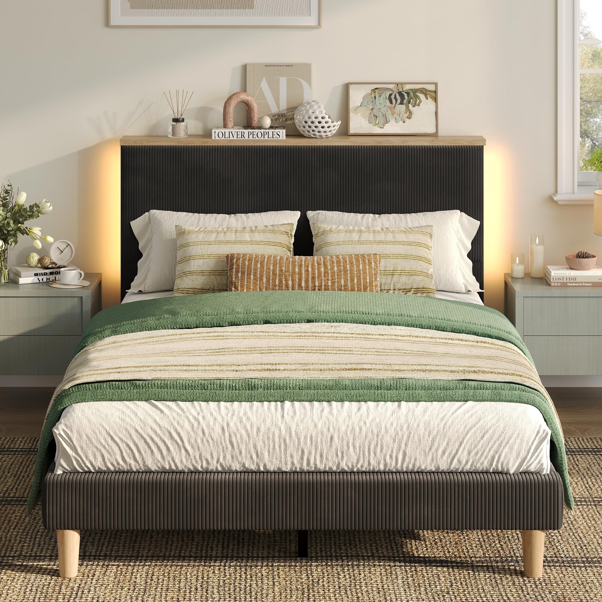 Bestier Queen Size Bed Frame with Headboard, Corduroy Upholstered Adjustable Platform Bed with Storage Shelf, Bedside LED Bed Frame, Solid Wood Slats Support, No Box Spring, No Squeaks(Black)