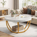 Tribesigns Modern Coffee Table, 2 Tier Round Coffee Table with Faux White Marble and Golden Metal Legs,