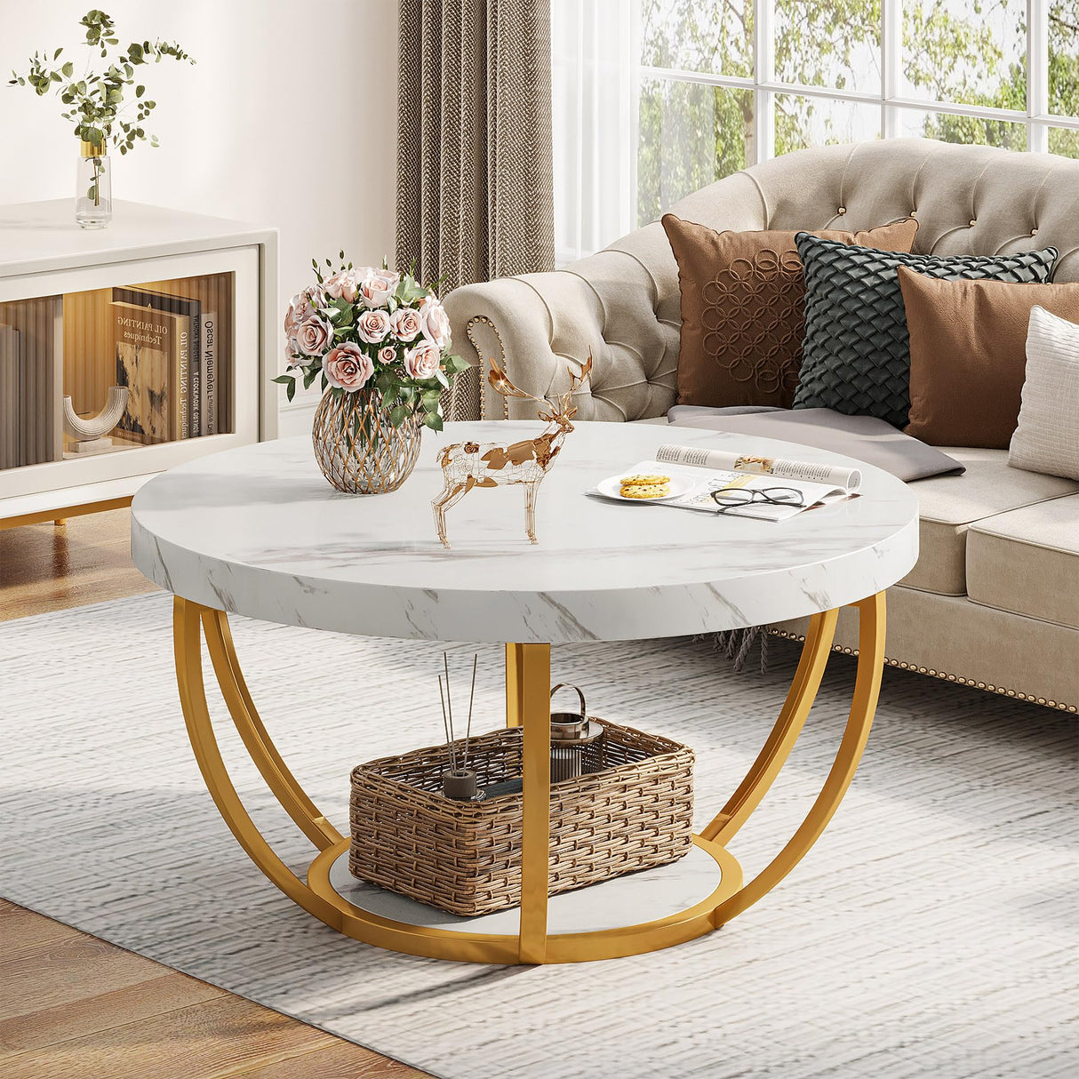 Tribesigns Modern Coffee Table, 2 Tier Round Coffee Table with Faux White Marble and Golden Metal Legs,