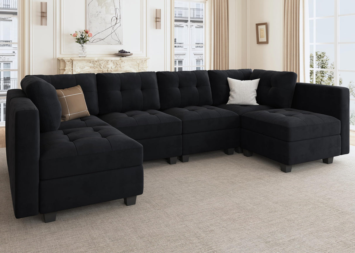 Modular Sectional Sofa Velvet U Shaped Couch with Double Chaises 6 Seater Sectional Sofa with Storage, Black