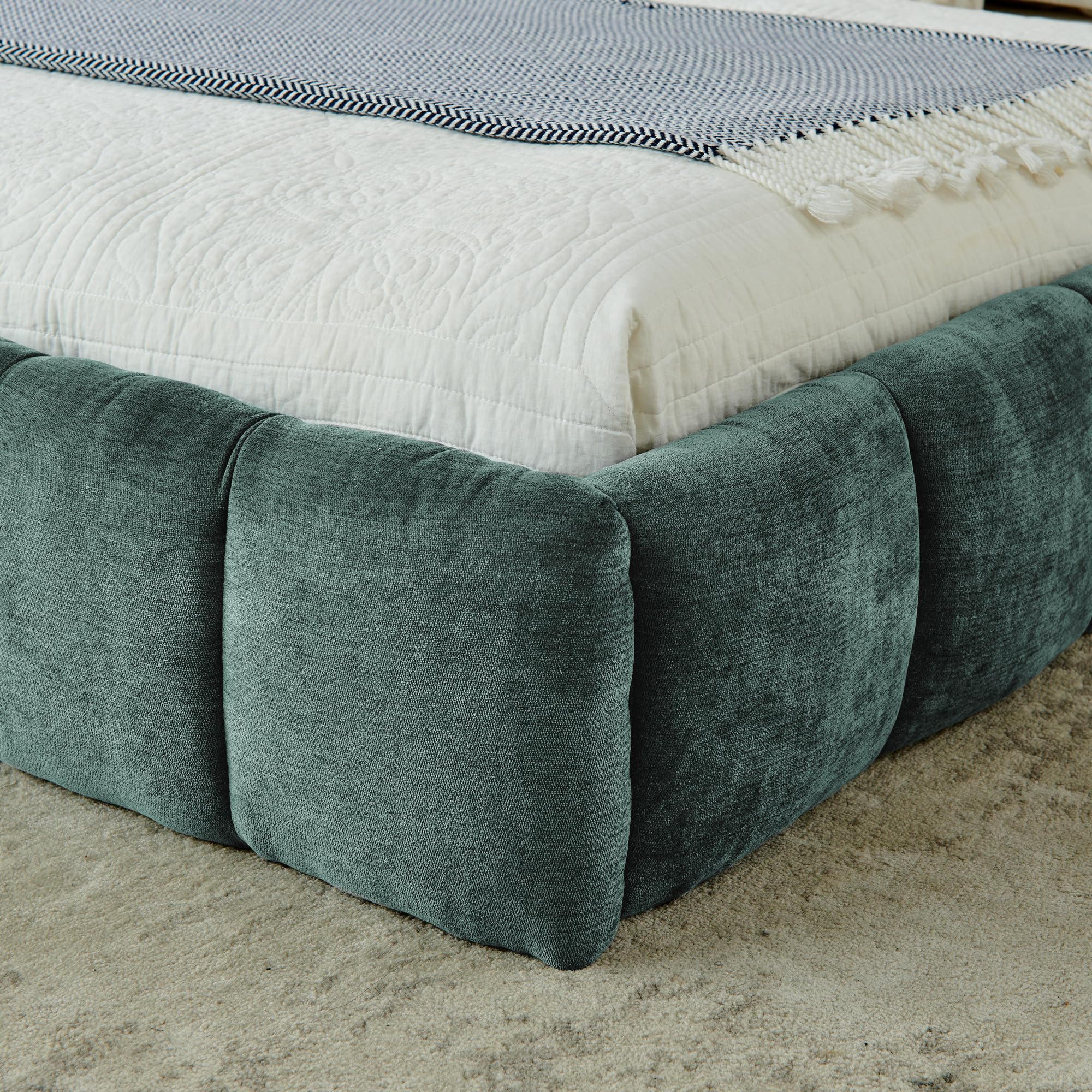 King Size Upholstered Platform Bed - Blue Green Chenille