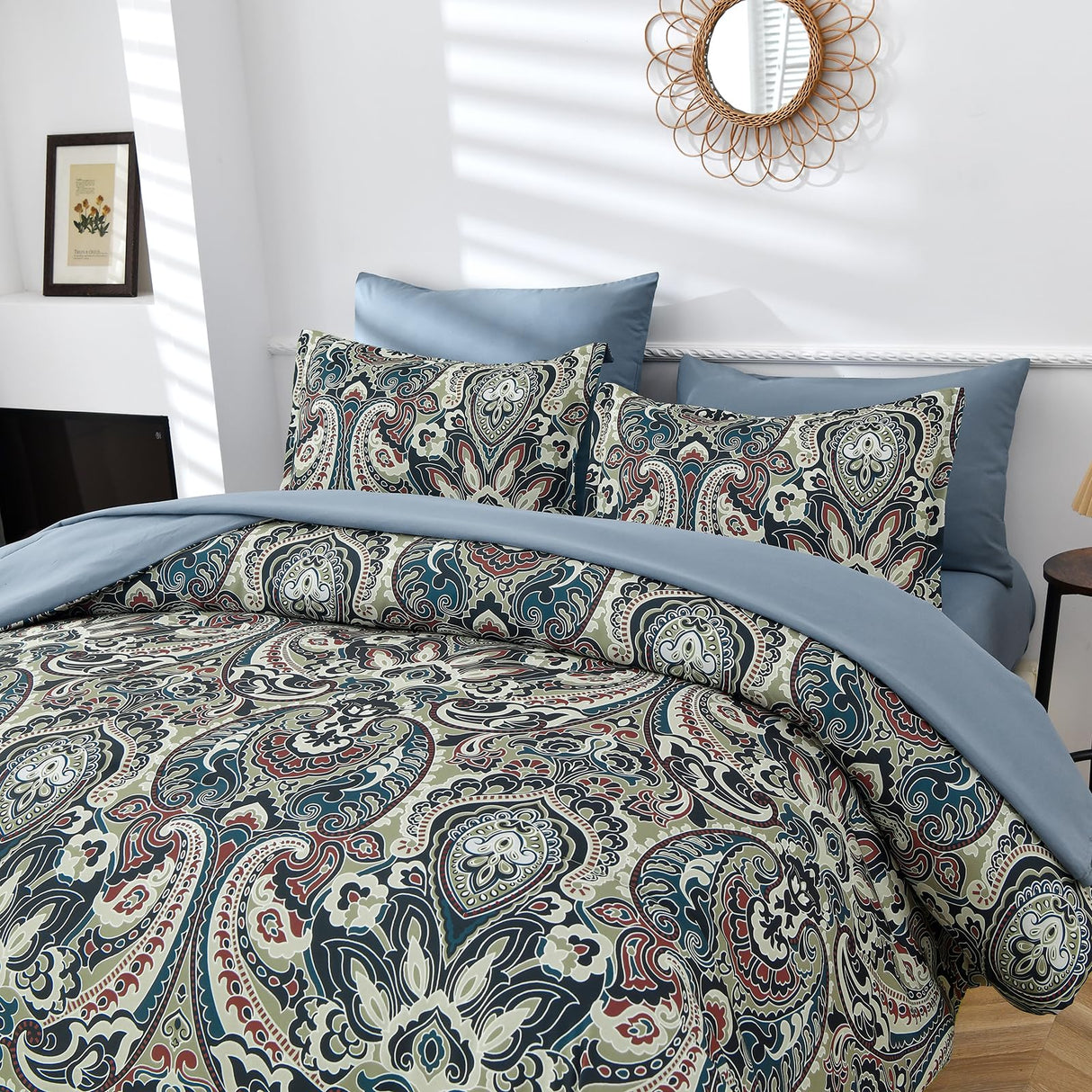 Boho Comforter Set King, 7 Pieces Bed in a Bag Comforter Boho Paisley Pattern Bedding