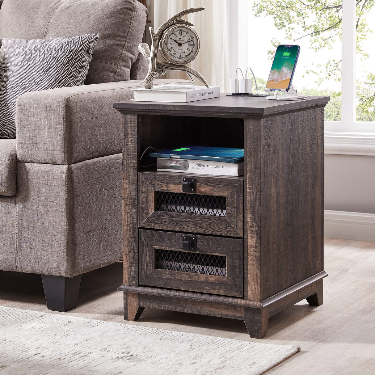 Nightstand with Charging Station, 18'' Industrial & Farmhouse End Table