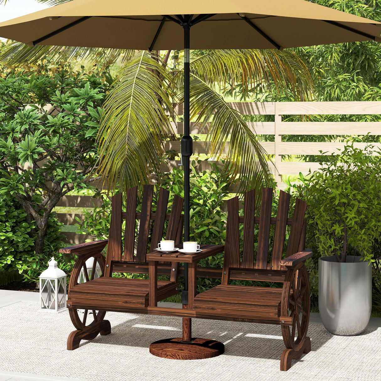 Wooden Garden Bench with Table, Umbrella Hole, 2-Seat Wagon Wheel Outdoor Bench
