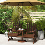 Wooden Garden Bench with Table, Umbrella Hole, 2-Seat Wagon Wheel Outdoor Bench