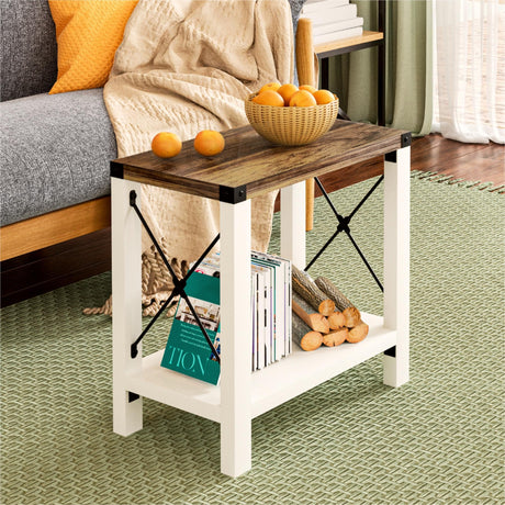 Farmhouse End Table for Small Spaces, Set of 2,Narrow Side End Table with Storage Shelf,