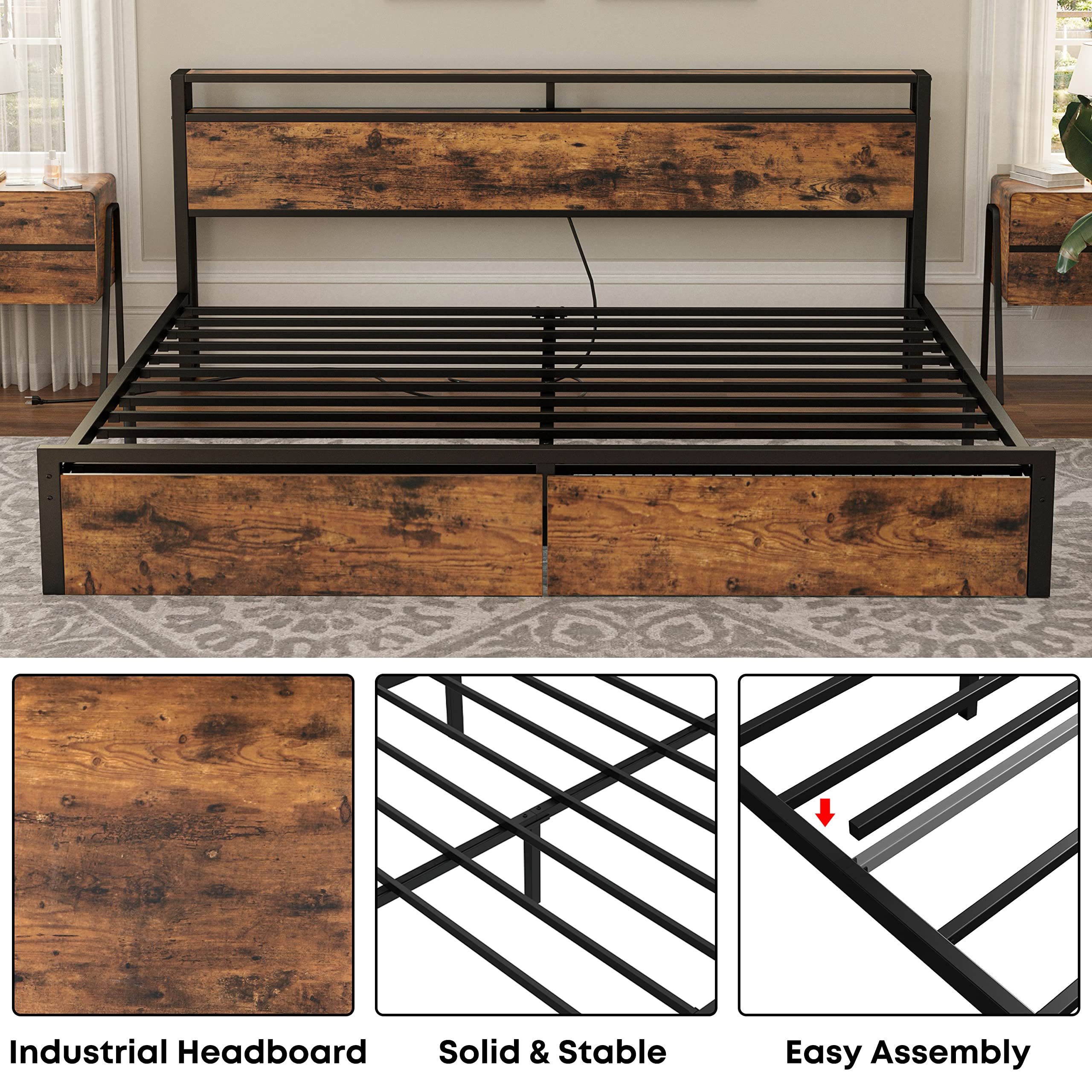 King Bed Frame with Storage Headboard, Platform Bed with Drawers and Charging Station,