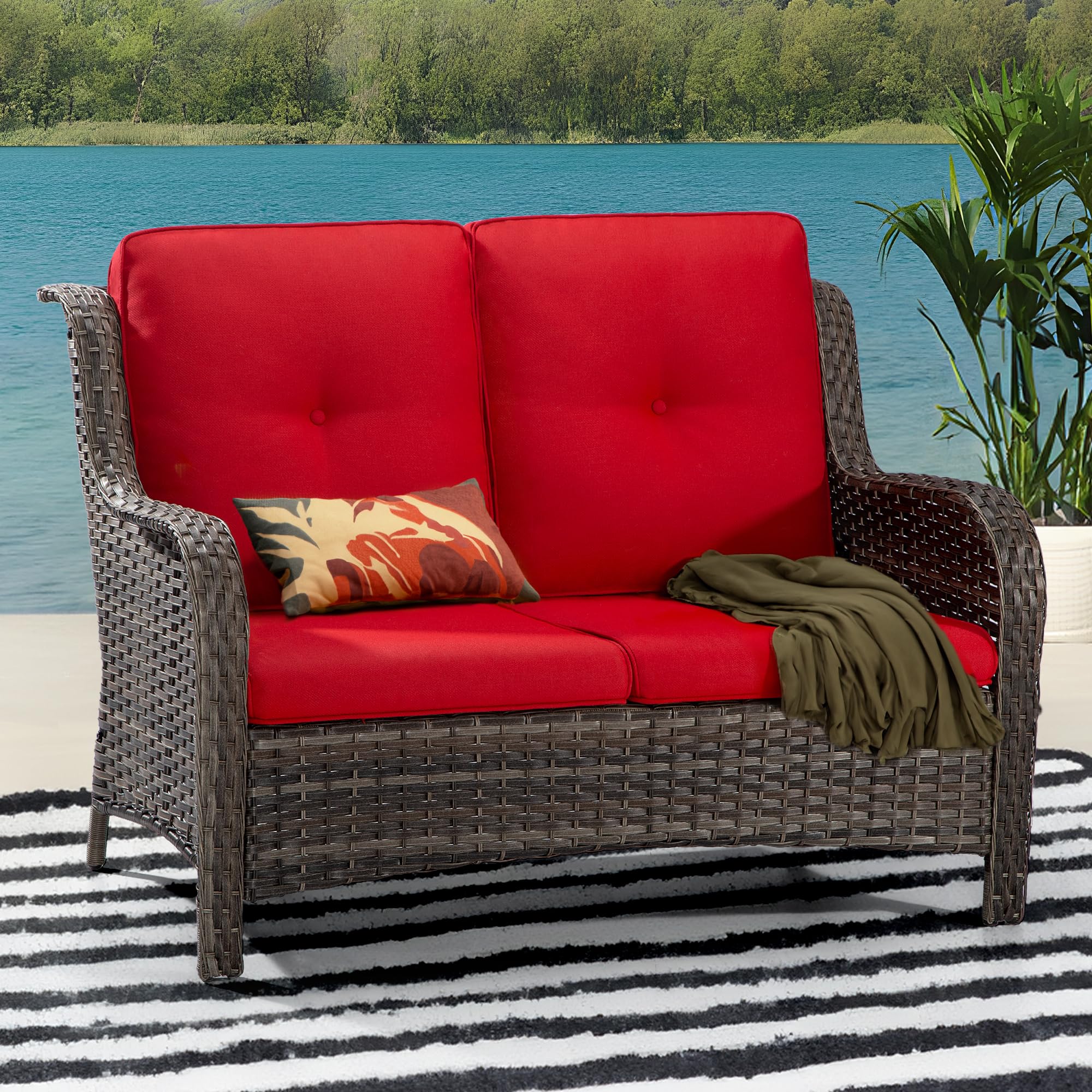 Patio Sofa Wicker 2-Seat Outdoor Couch with Deep Seating, High Back