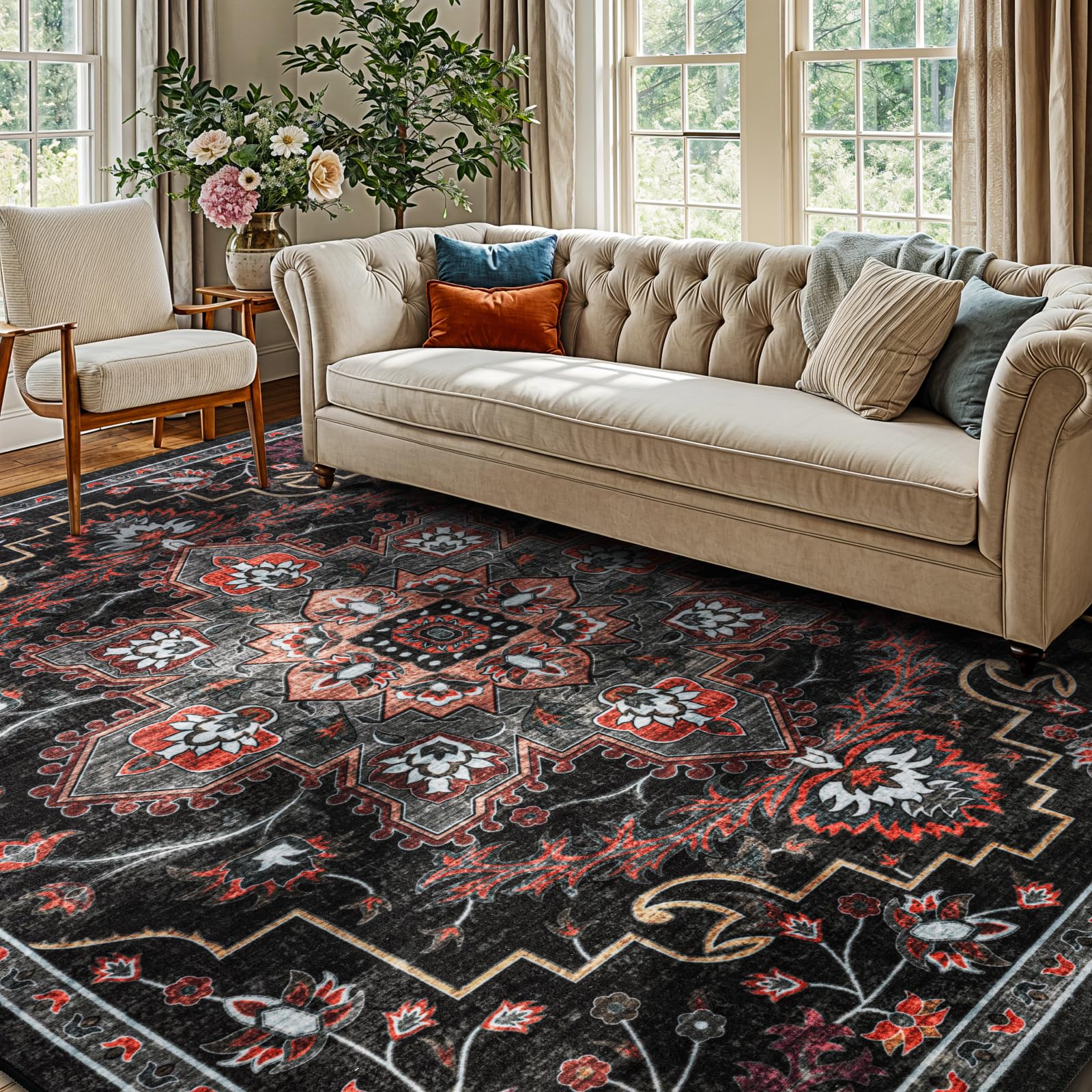 Boho Large Area Rug, Washable Rug, Ultra Soft Area Rug, Non Slip Abstract Rug Foldable,