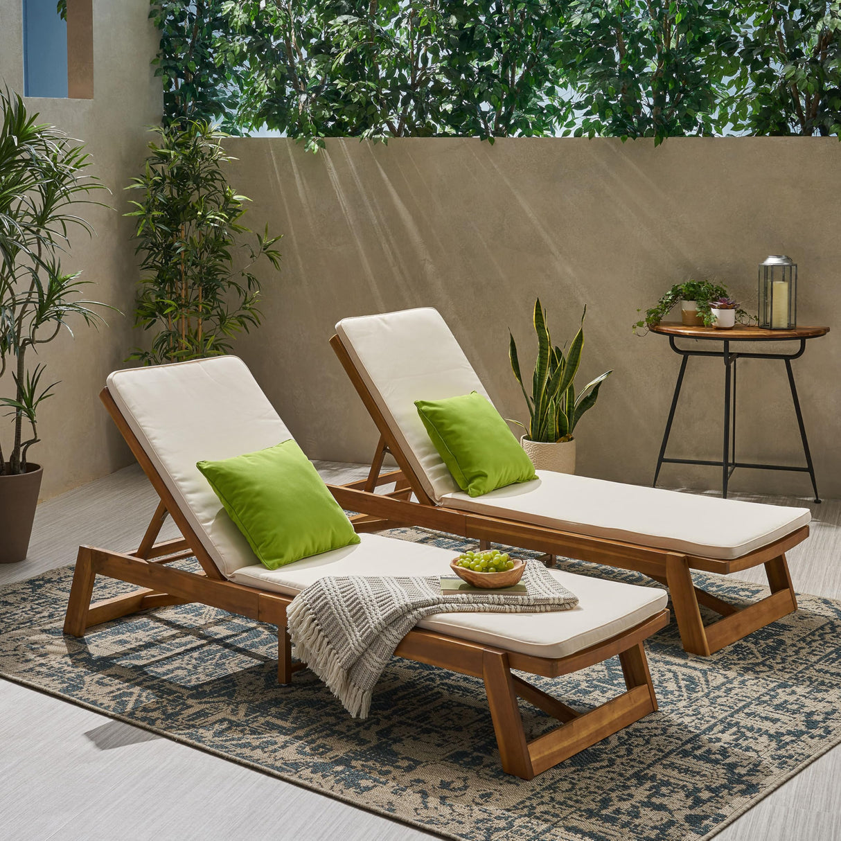 Maki Outdoor Acacia Wood Chaise Lounge with Water Resistant Cushion (Set of 2)