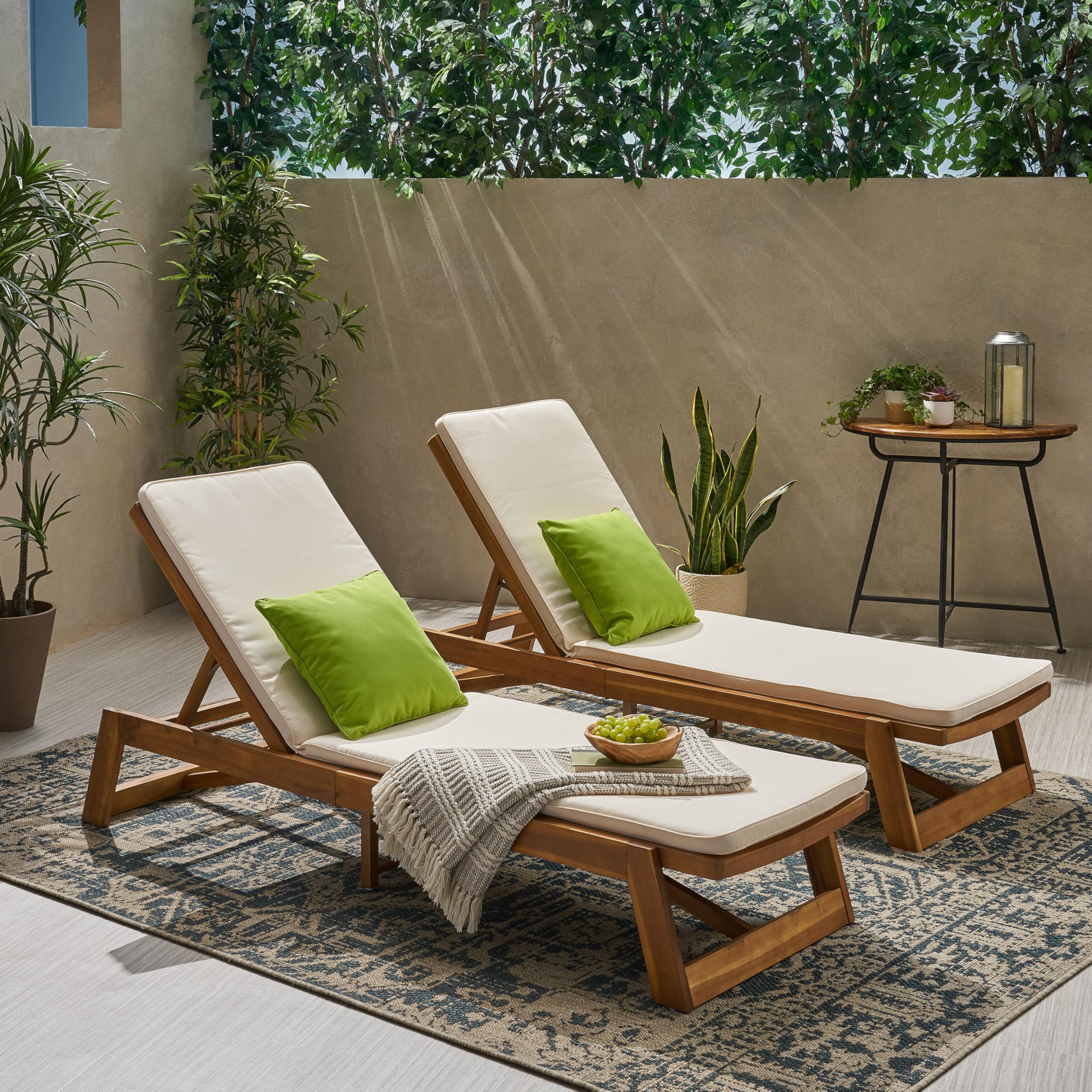 Maki Outdoor Acacia Wood Chaise Lounge with Water Resistant Cushion (Set of 2)