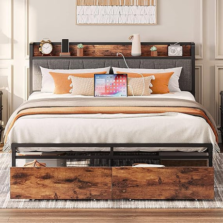 King Size Bed Frame, Storage Headboard with Charging Station