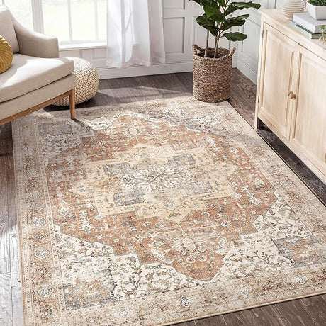 Rug 9x12 Area Rugs: Boho Vintage Distressed Oriental Medallion Neutral Thin Large Rug