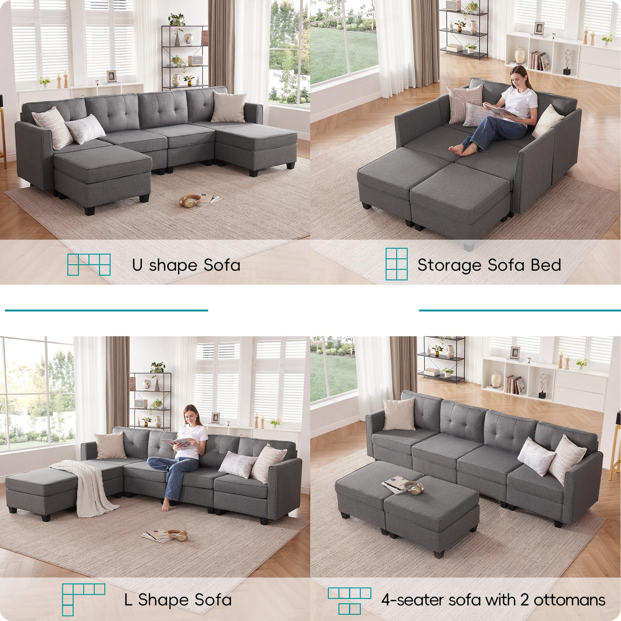 Modular Sectional Couch Sofa, Convertible U Shaped Couch with Storage Ottomans,