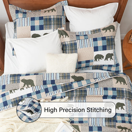 Christmas Cabin Quilt Sets Queen, 3-Piece Lightweight Reversible All Season Bear Quilt