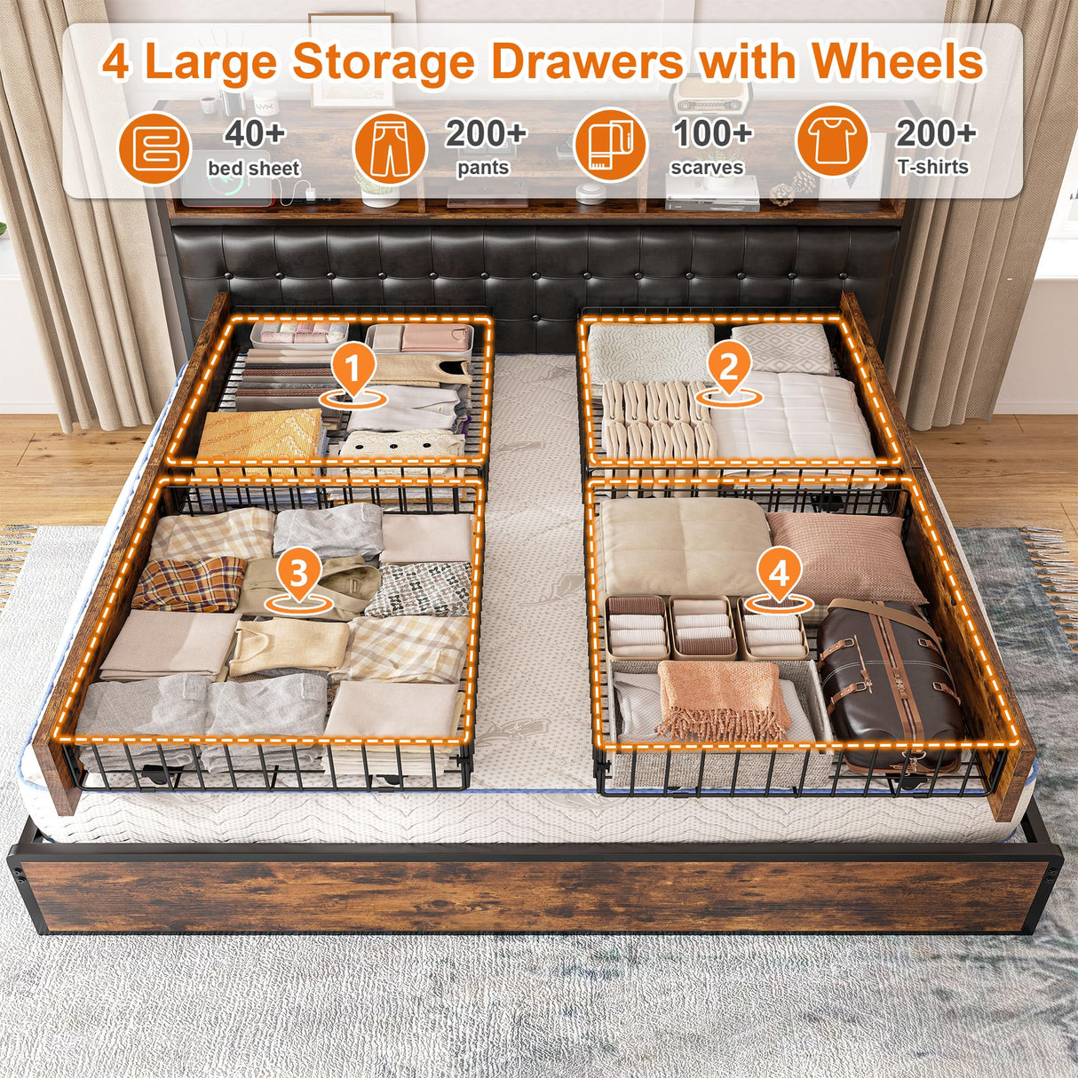 King Size Bed Frame with 4 Storage Drawers and Charging Station