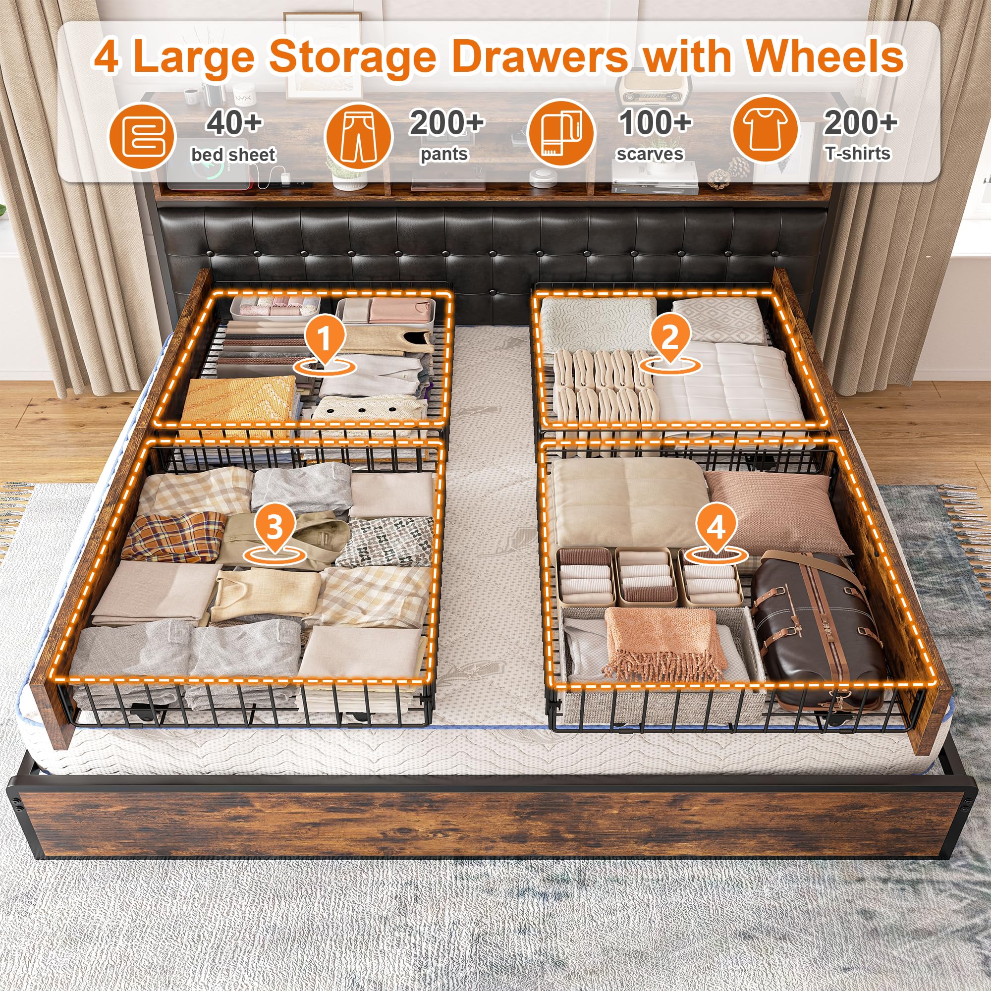 King Size Bed Frame with 4 Storage Drawers and Charging Station