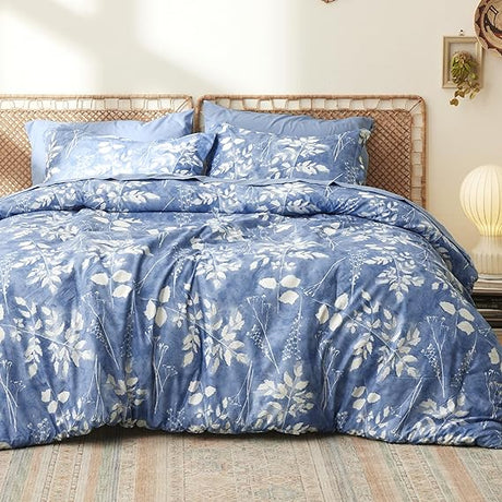 7 Pieces Blue Floral Bedding Sets Queen Bed in a Bag