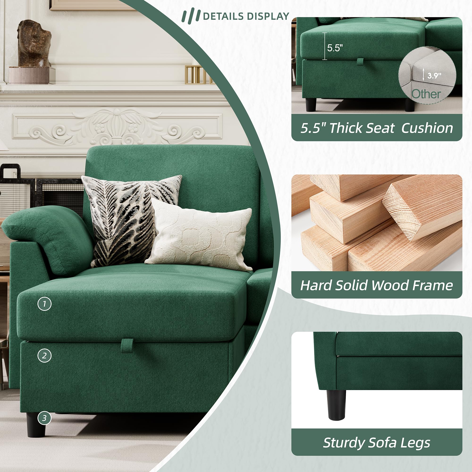 Vongrasig Convertible Sectional Couch, 3 Seat L Shaped Sofa with Removable