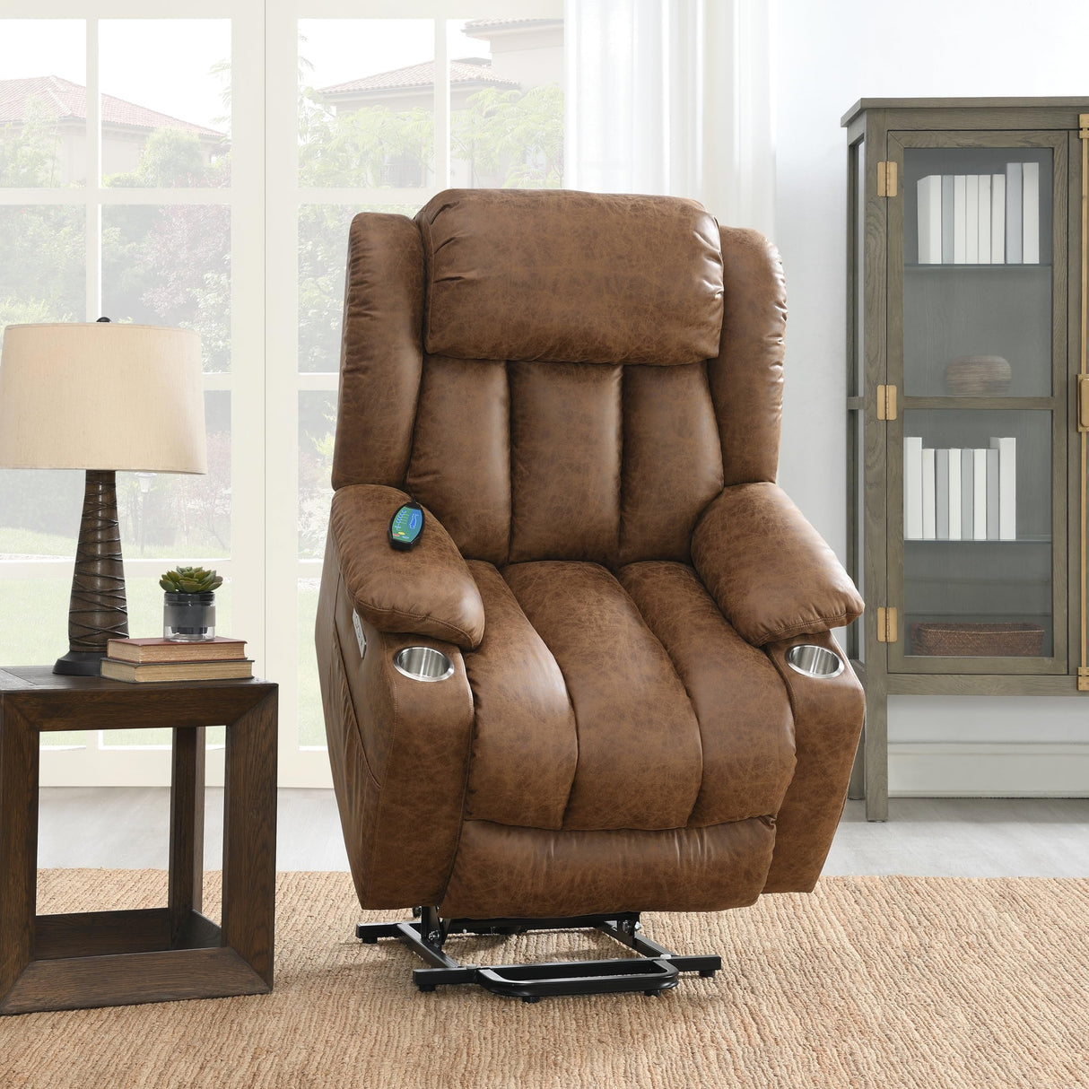 Omarion Faux Leather Power Recliner with Lift/Heating and Massage in Brown