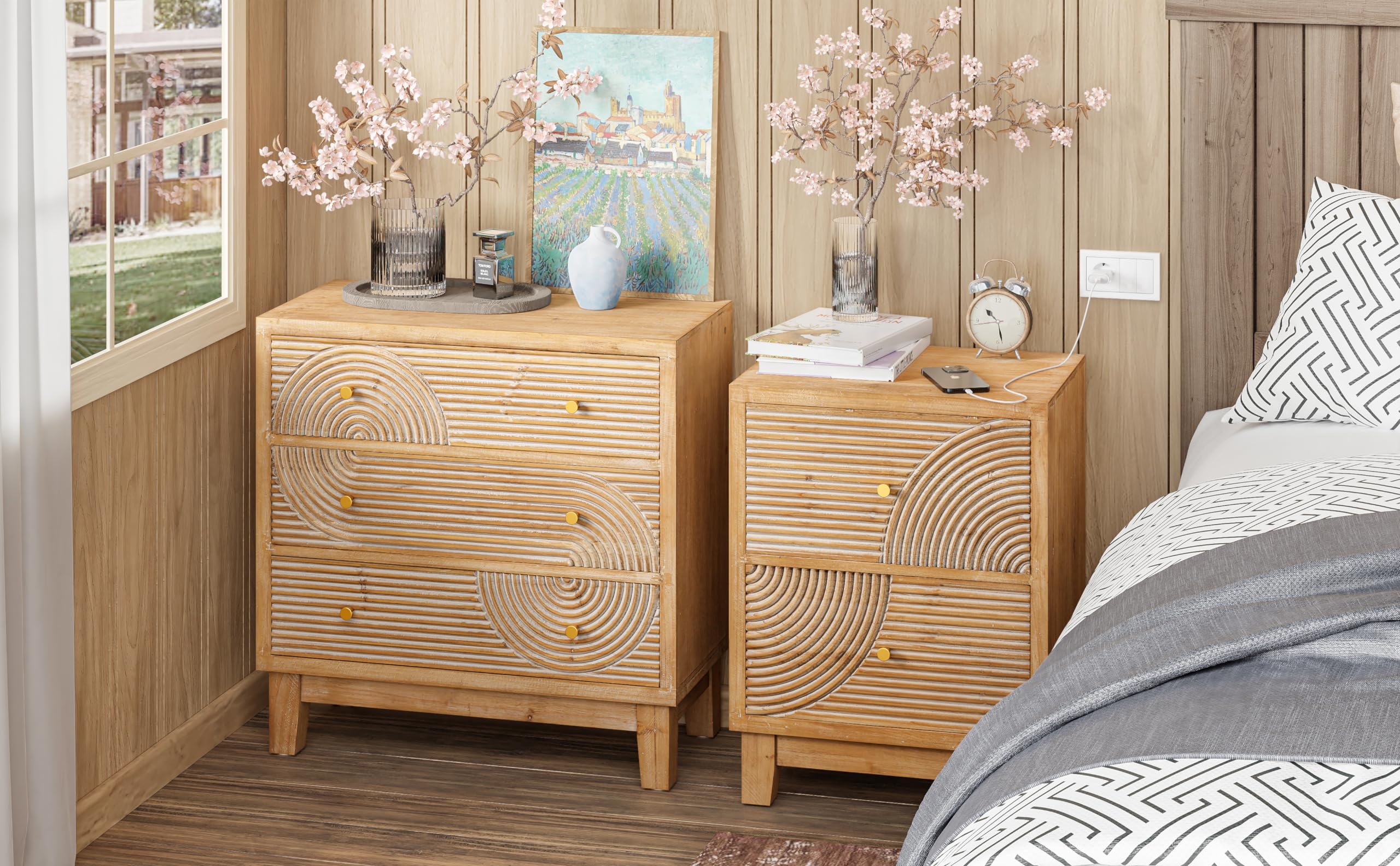 3-Drawer Farmhouse Dresser with Handicraft Wood Ring Motif