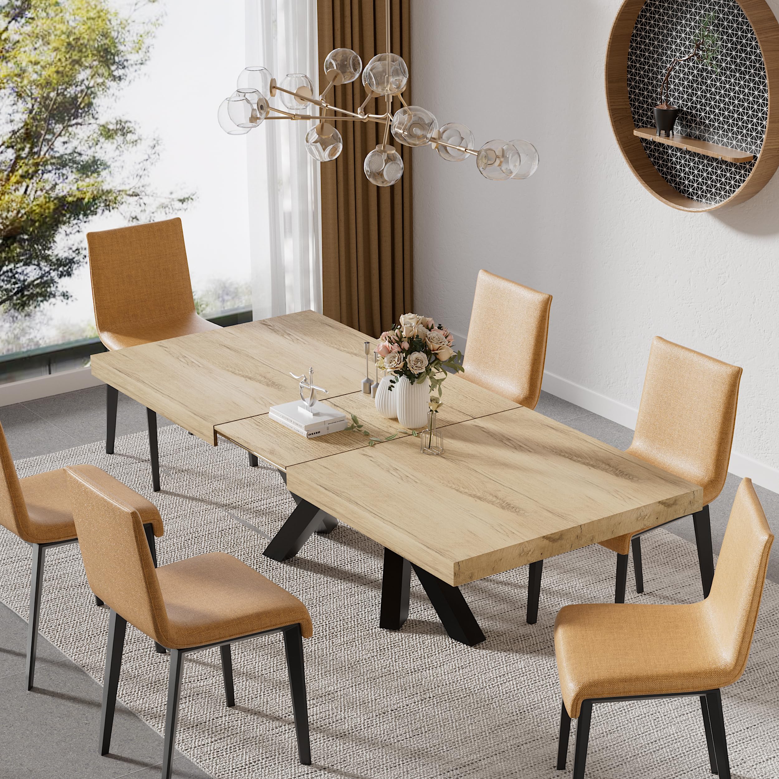 63"-79" Extendable Dining Room Table for 6 8 10, Modern Rustic Kitchen Expanding Table