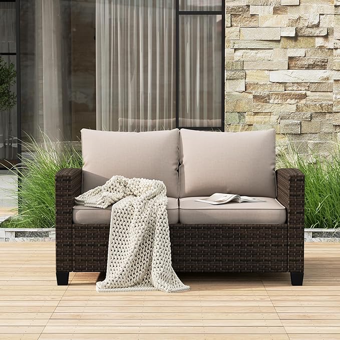 Outdoor Loveseat Patio Sofa, 2-Seat Wicker Couch with Waterproof Thick Cushions