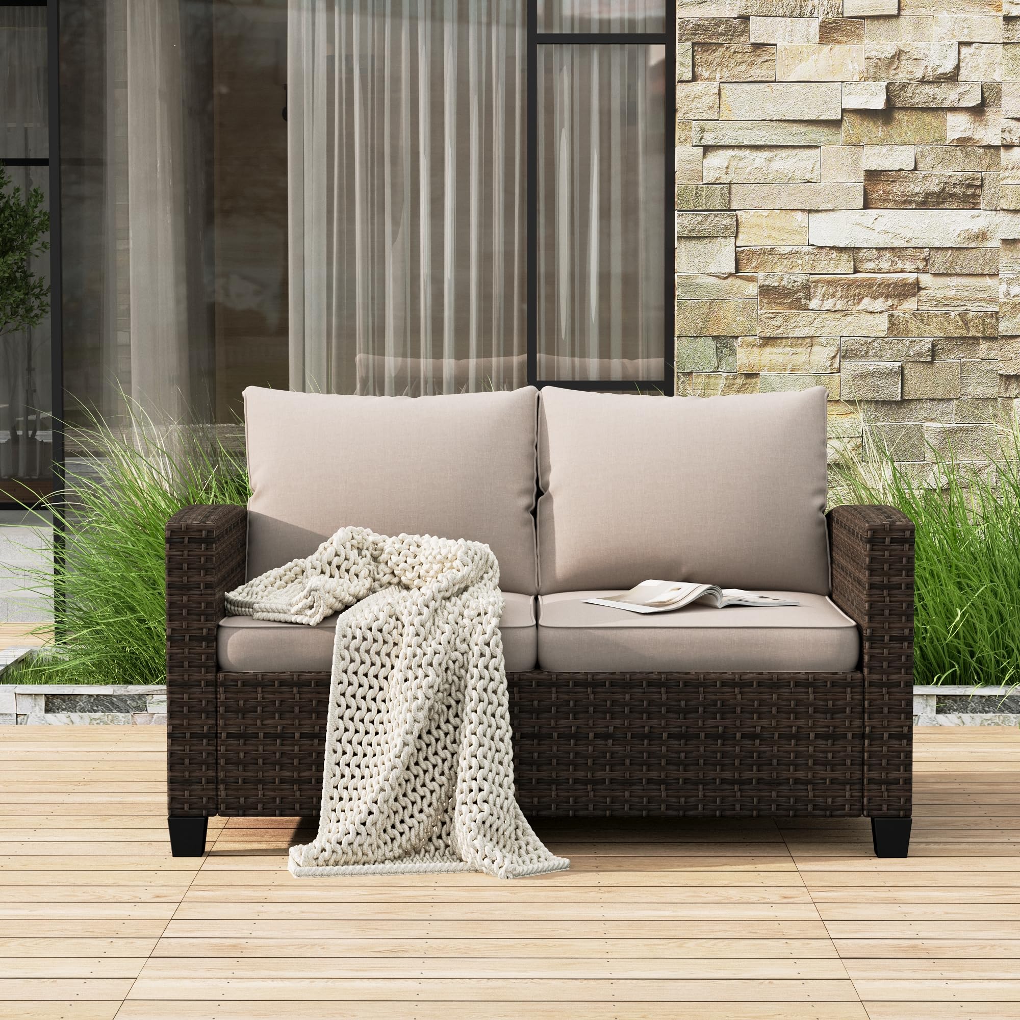 Outdoor Loveseat Patio Sofa, 2-Seat Wicker Couch with Waterproof Thick Cushions