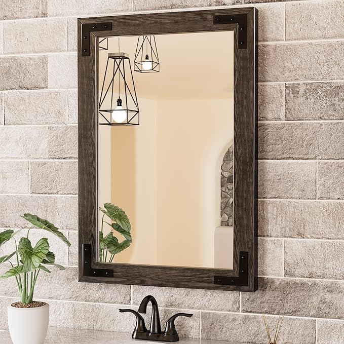 Brown Wood Framed Wall Mirror for Bathroom