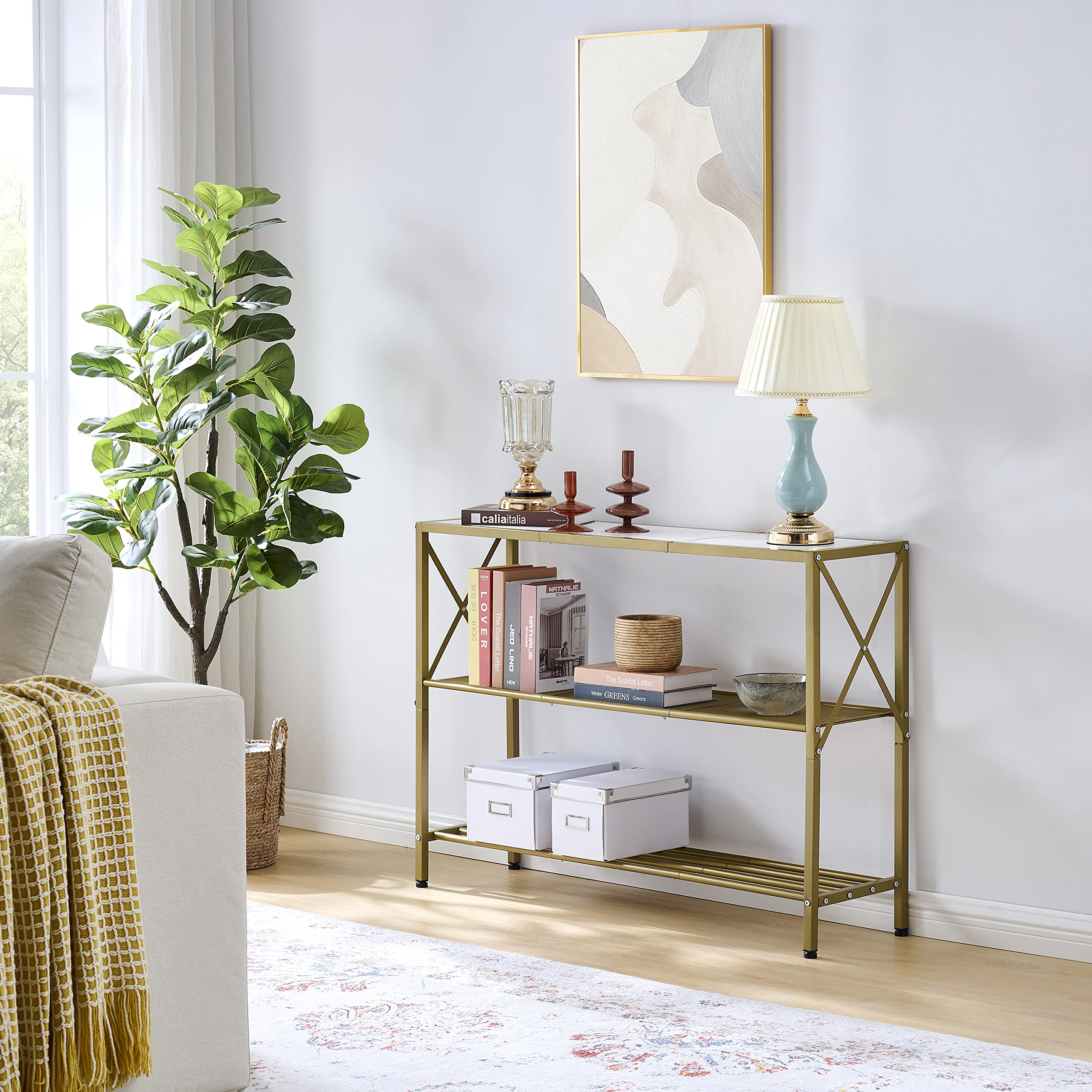Gold Console Table, 3 Tier Entryway Table, Hallway Table, Narrow Sofa Table with Shelves