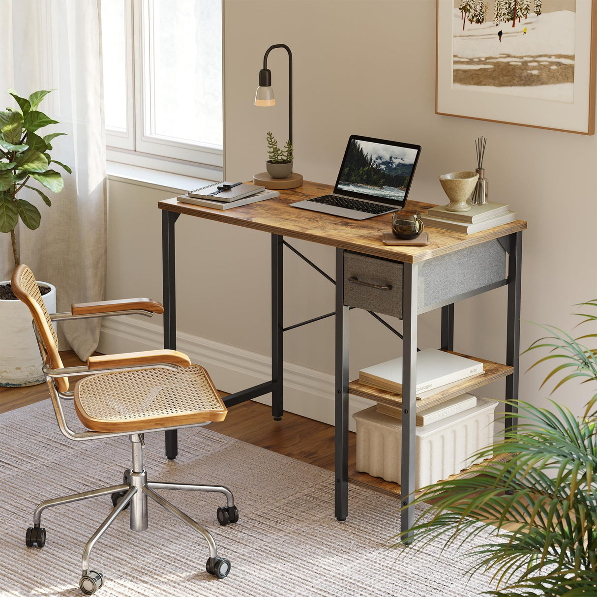 Computer Desk, 35 Inch Small Home Office Desk with Drawer Storage Shelves