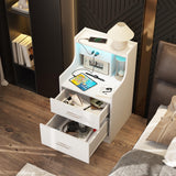 Nightstand with Charging Station & LED Lights, White Nightstand with 2 Drawers and Open Storage