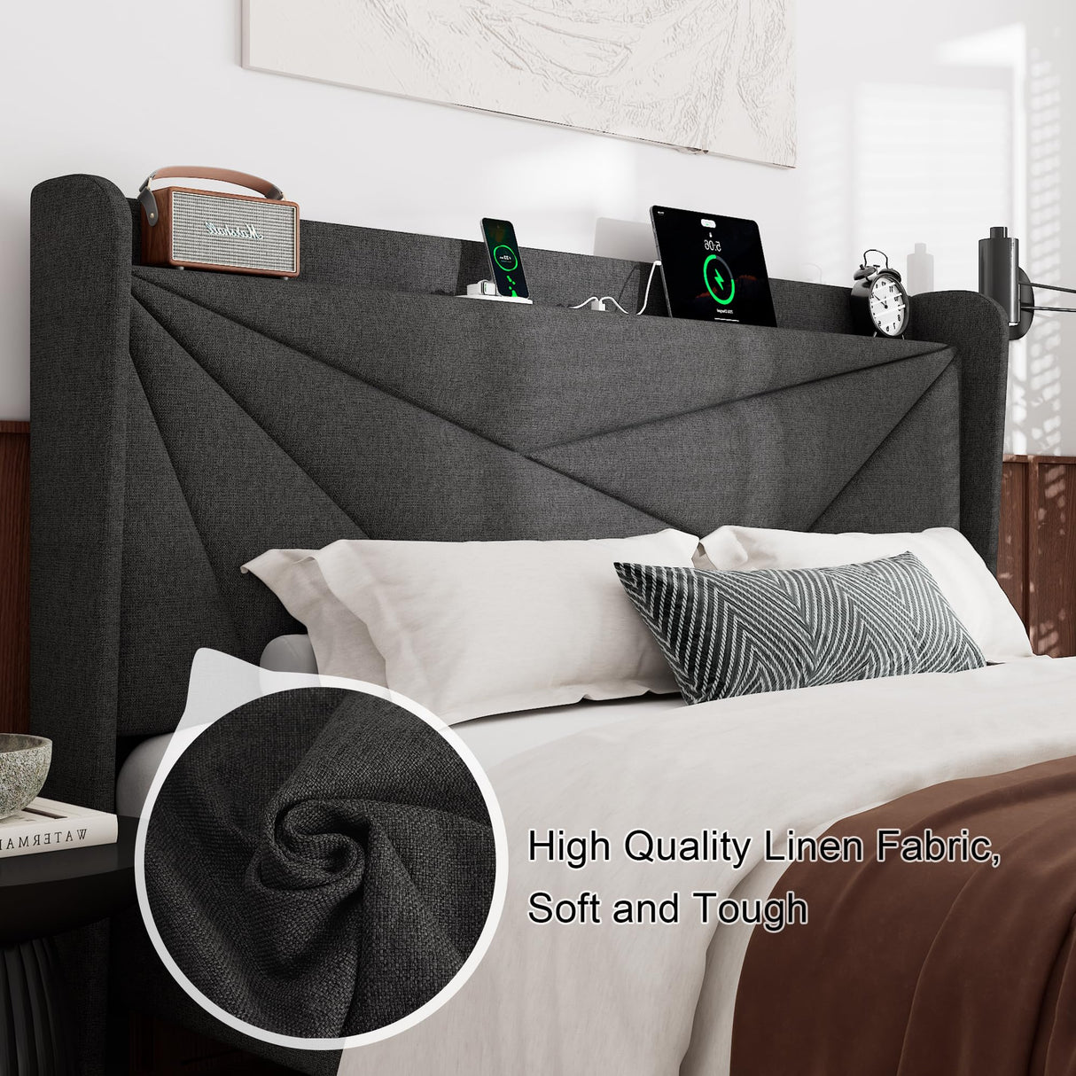 King Size Bed Frame, Modern Bed Frame with Charging Station, Wingback Storage