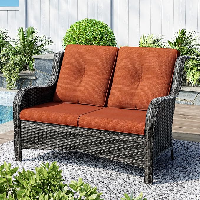 Patio Sofa Wicker 2-Seat Outdoor Couch with Deep Seating, High Back