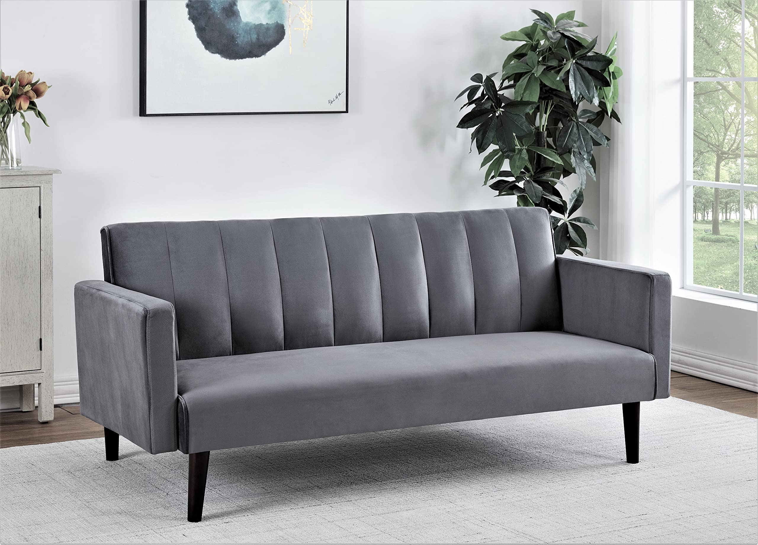 Regal Modern Convertible Full Out Futon Sofa Compact Channel Stitch Velvet Sleeper