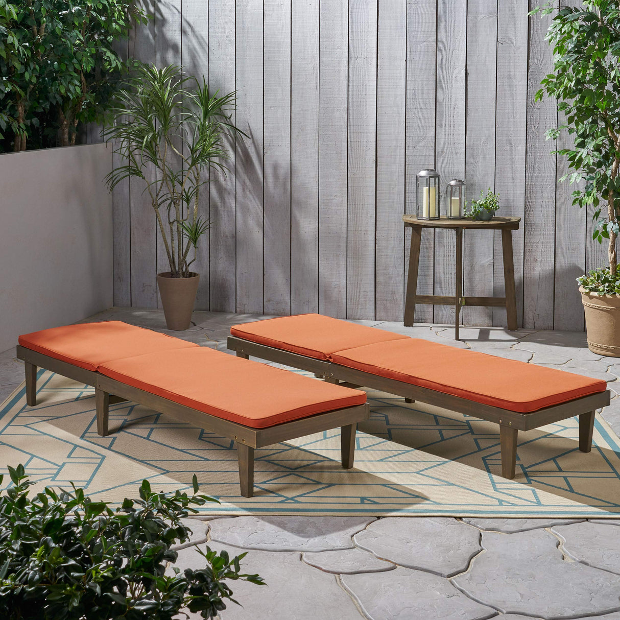 Madge Oudoor Chaise Lounge with Cushion (Set of 2), Gray Finish, Rust Orange