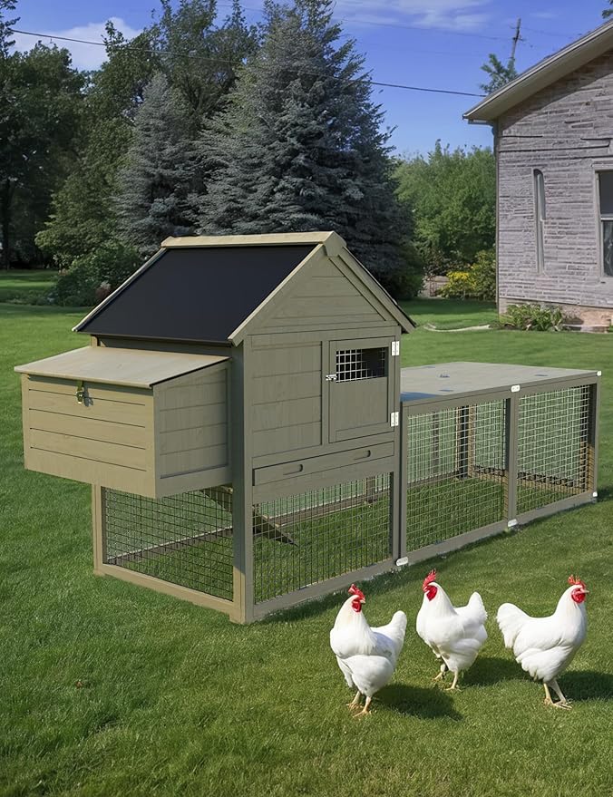 Wooden Poultry Cage for 3-5 Chickens, 106in Chicken Coop with Run, Outdoor Hen Coop with Waterproof Roof, Nesting Box, Pull Out Trays and Ramp, Red