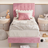 Twin Velvet Upholstered Platform Bed Frame with Headboard - Pink